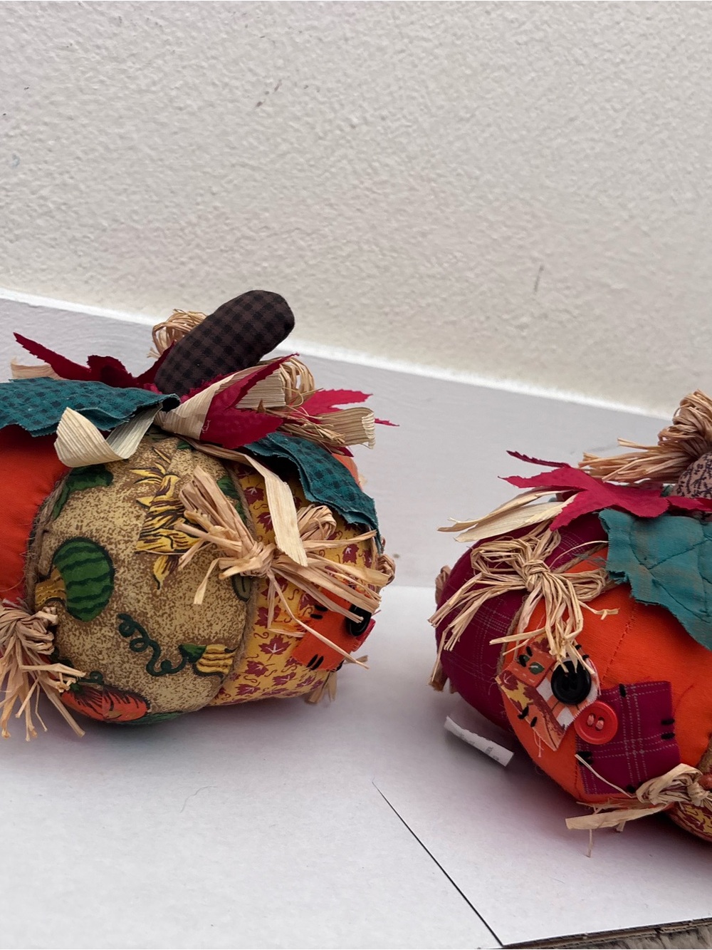 Set of 2 Autumn Patchwork Fabric Pumpkin Decorations - Orange & Teal